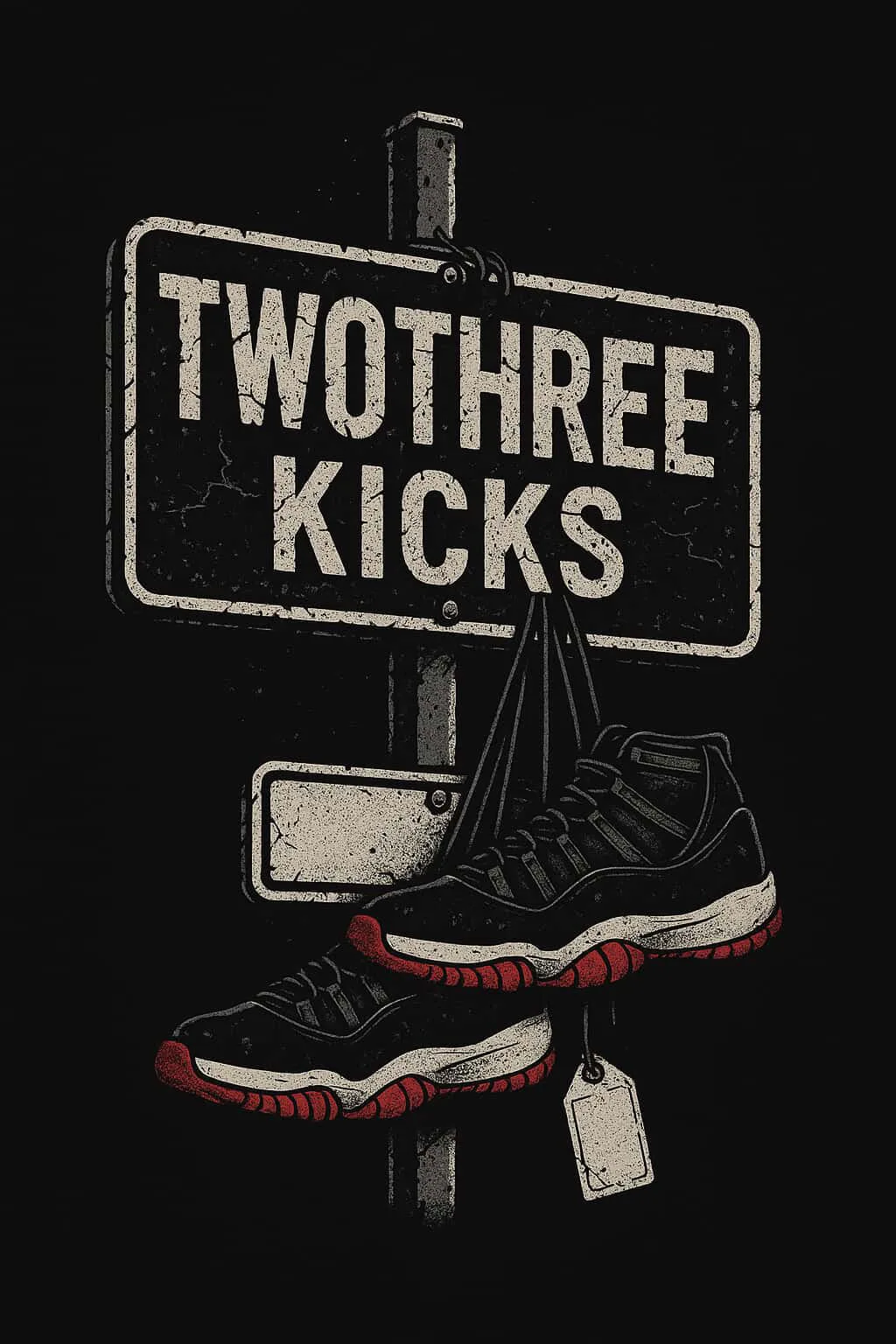 TwoThreeKicks street sign with a pair of Jordan 11s hanging from it